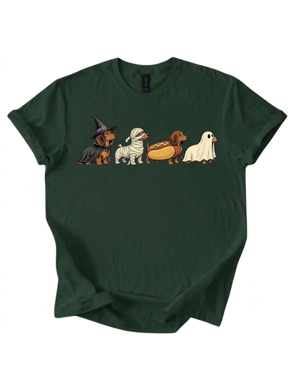 Gildan Dark Green Tee with Dachshund Halloween Parade